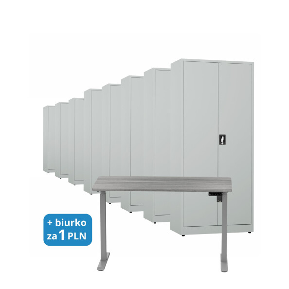 8x Biurowa szafa metalowa na dokumenty, 1950x800x435 mm, szara + 1x Biurko z elektryczną regulacją wysokości, szare za 1 zł - TechViking #1