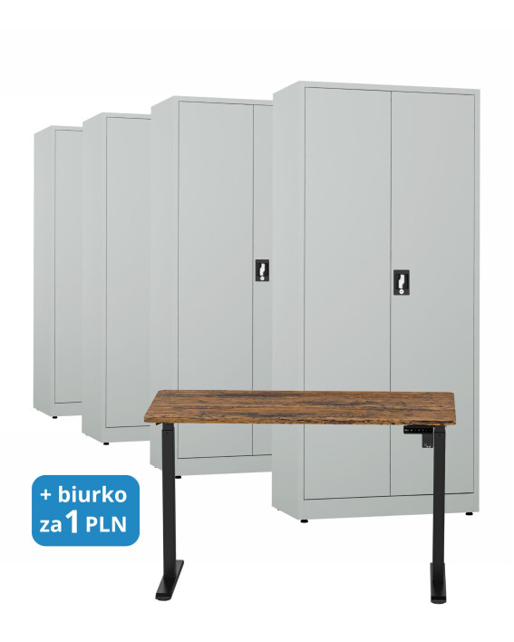4x Biurowa szafa metalowa na dokumenty, 1950x800x435 mm, szara + 1x Biurko z elektryczną regulacją wysokości, orzech/czarne za 1 zł - TechViking