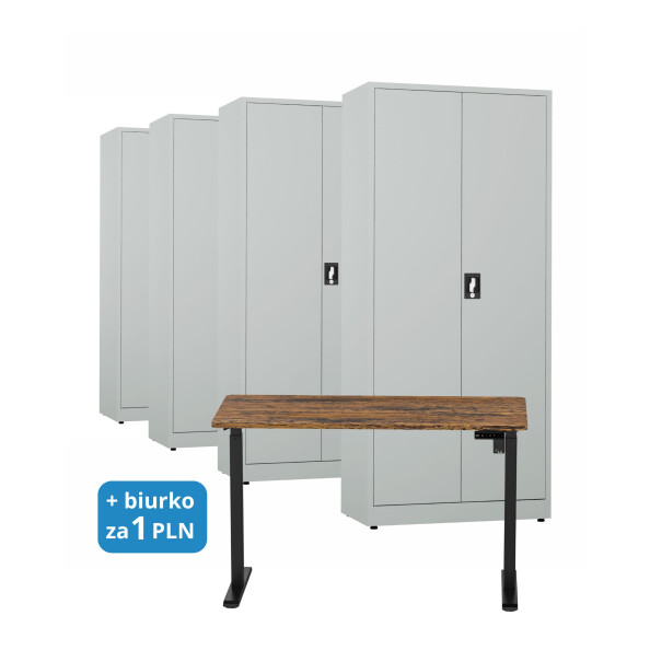 4x Biurowa szafa metalowa na dokumenty, 1950x800x435 mm, szara + 1x Biurko z elektryczną regulacją wysokości, orzech/czarne za 1 zł - TechViking #1