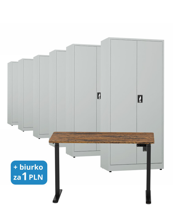 6x Biurowa szafa metalowa na dokumenty, 1950x800x435 mm, szara + 1x Biurko z elektryczną regulacją wysokości, orzech/czarne za 1 zł - TechViking