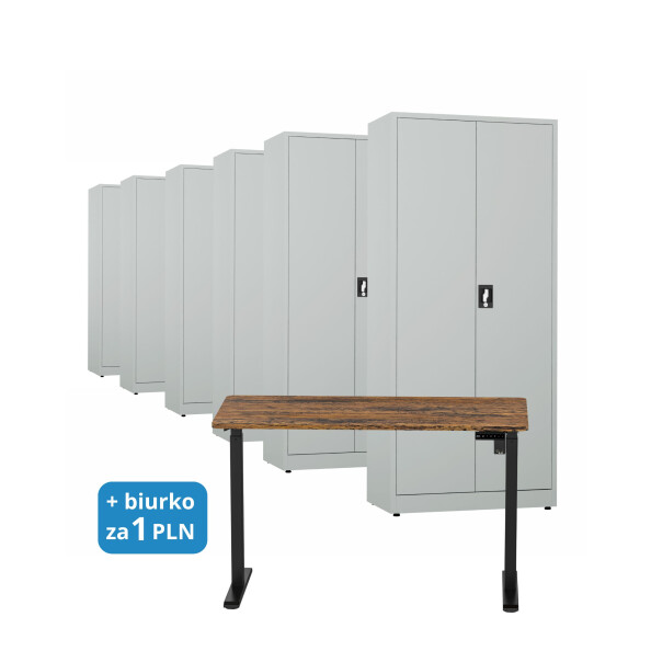 6x Biurowa szafa metalowa na dokumenty, 1950x800x435 mm, szara + 1x Biurko z elektryczną regulacją wysokości, orzech/czarne za 1 zł - TechViking #1