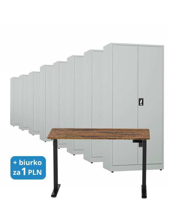 8x Biurowa szafa metalowa na dokumenty, 1950x800x435 mm, szara + 1x Biurko z elektryczną regulacją wysokości, orzech/czarne za 1 zł - TechViking
