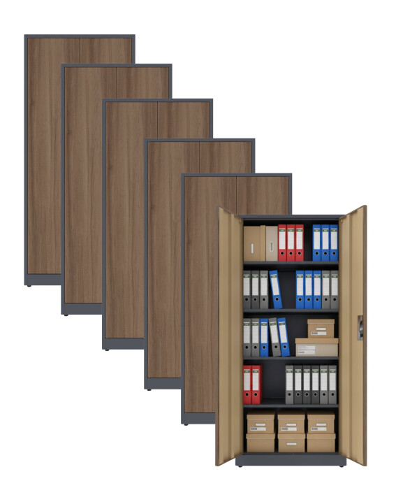 6x Biurowa szafa metalowa na dokumenty, 1950x800x435 mm, NATURAL: grafitowa/orzech - TechViking