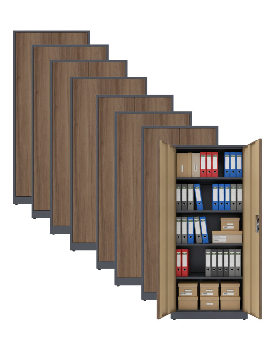 8x Biurowa szafa metalowa na dokumenty, 1950x800x435 mm, NATURAL: grafitowa/orzech - TechViking