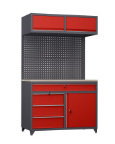 Stół warsztatowy 2030x1200x630 mm z nadbudową i szufladami, grafitowo-czerwony - TechViking