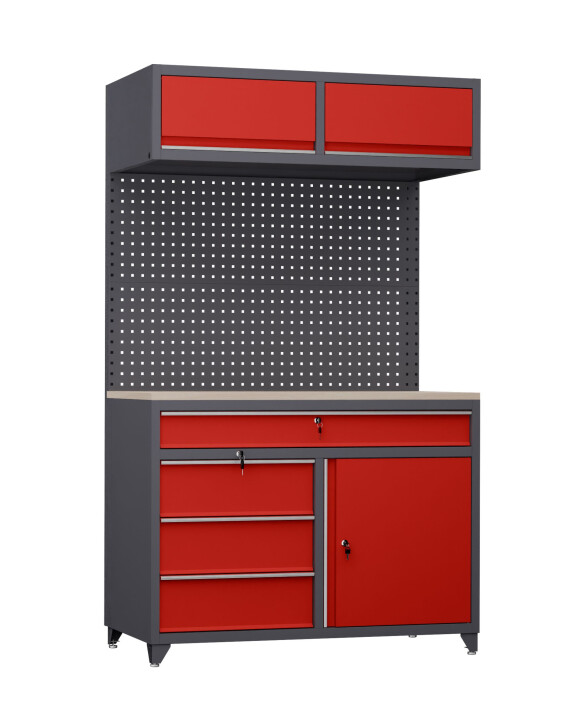 Stół warsztatowy 2030x1200x630 mm z nadbudową i szufladami, grafitowo-czerwony - TechViking