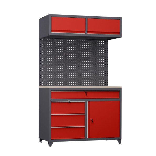Stół warsztatowy 2030x1200x630 mm z nadbudową i szufladami, grafitowo-czerwony - TechViking #1