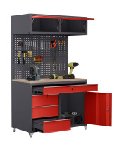 Stół warsztatowy 2030x1200x630 mm z nadbudową i szufladami, grafitowo-czerwony - TechViking