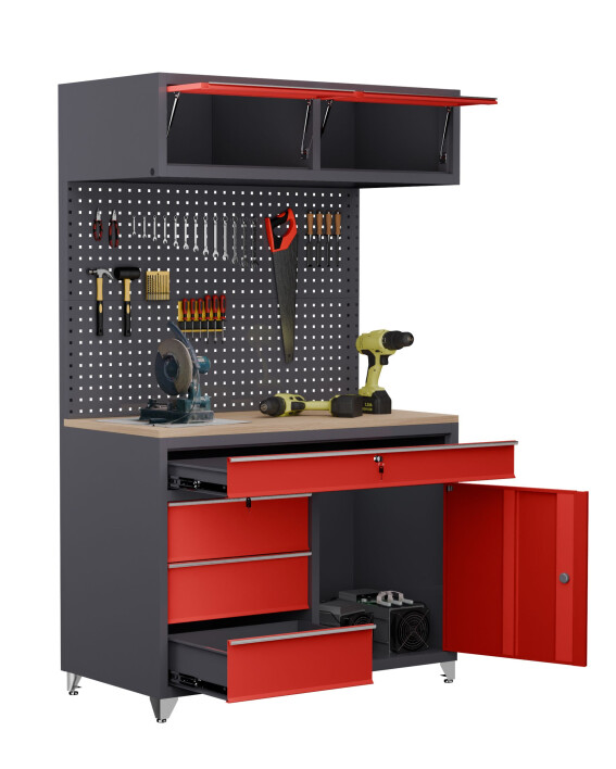 Stół warsztatowy 2030x1200x630 mm z nadbudową i szufladami, grafitowo-czerwony - TechViking