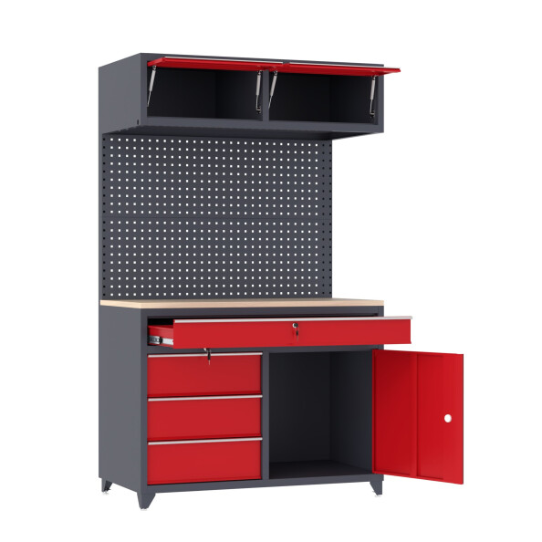 Stół warsztatowy 2030x1200x630 mm z nadbudową i szufladami, grafitowo-czerwony - TechViking #4