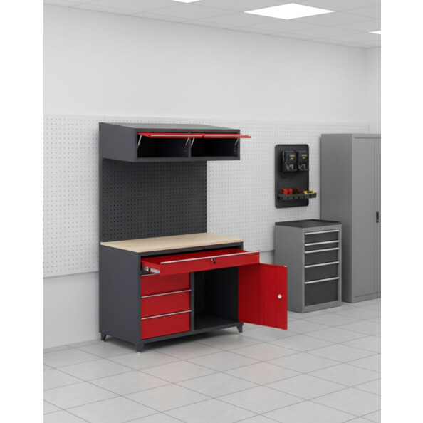 Stół warsztatowy 2030x1200x630 mm z nadbudową i szufladami, grafitowo-czerwony - TechViking #8
