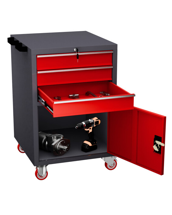 Mobilny kontenerek warsztatowy 850x560x600 mm, grafitowo-czerwony - TechViking