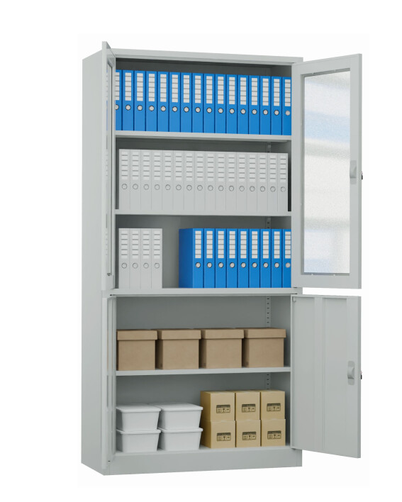 Metalowa szafa z przeszklonymi drzwiami, 1850x900x400 mm, szara - TechViking