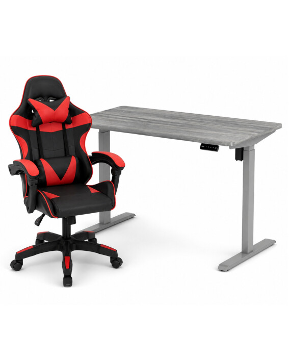 Zestaw: Biurko z regulacją wysokości, szare + Fotel gamingowy NORD-X czarno-czerwony - TechViking