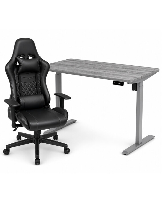 Zestaw: Biurko z regulacją wysokości, szare + Fotel gamingowy THOR-X czarny - TechViking