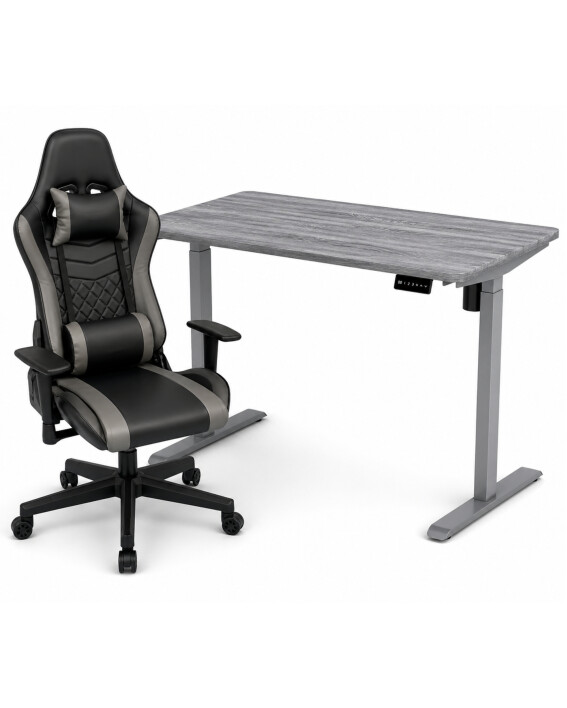 Zestaw: Biurko z regulacją wysokości, szare + Fotel gamingowy THOR-X czarno-szary - TechViking