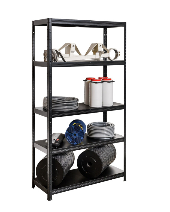 Metalowy regał półkowy FJORDI, 1800x1200x600 mm, 5 półek, 100 kg, czarny - TechViking