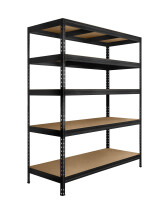Metalowy regał półkowy SKALD, 1800x1500x450 mm, 5 półek z płyty MDF, 300 kg, czarny - TechViking