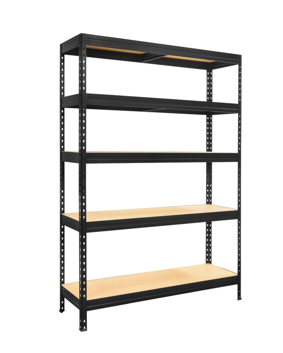 Metalowy regał półkowy SKALD, 1800x1200x450 mm, 5 półek z płyty MDF, 275 kg, czarny - TechViking