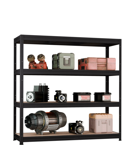 Metalowy regał półkowy THORAX, 1770x2000x600 mm, 4 półki z płyty MDF, 500 kg, czarny - TechViking