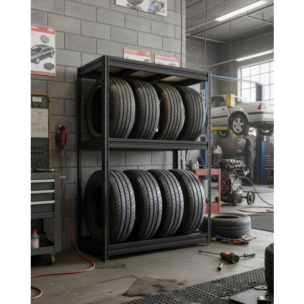 Metalowy regał na opony THORAX TYRE, 1770x1200x600 mm, 2+1 półki, 100 kg, czarny - TechViking #5