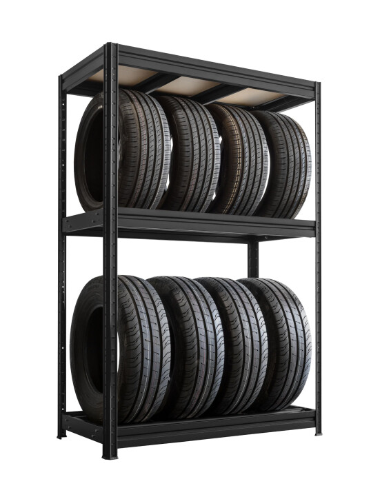 Metalowy regał na opony THORAX TYRE, 1770x1200x600 mm, 2+1 półki, 100 kg, czarny - TechViking